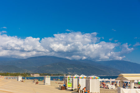 RUSSIA, SOCHI - SEPTEMBER 13, 2019: New embankment in Adler is very suitable for comfort summer leisure on seasideのeditorial素材