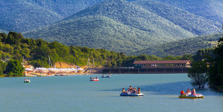 RUSSIA, ANAPA- JUNE 09, 2019: Sukko lake is very beautiful and popular for its trees groing into the waterのeditorial素材
