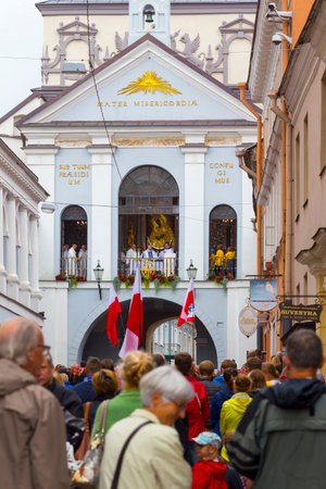 LITHUANIA, VILNIUS - JULY 17, 2017: Pilgrims came to celebrate the day of Our Lady of the Gate of Dawn. This holy image is venerated by Roman Catholic and Orthodox.のeditorial素材