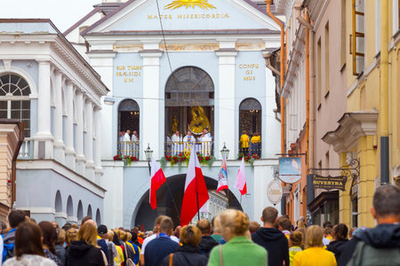 LITHUANIA, VILNIUS - JULY 17, 2017: Pilgrims came to celebrate the day of Our Lady of the Gate of Dawn. This holy image is venerated by Roman Catholic and Orthodox.のeditorial素材
