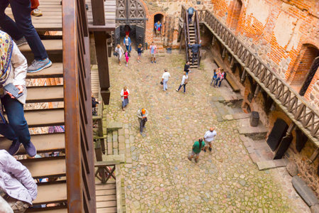 LITHUANIA, VILNIUS - JULY 25, 2017: View on inner courtyard of Trakai Island Castle wich is very popular among the tourists.のeditorial素材