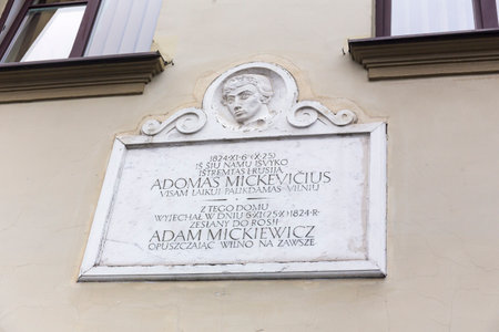 LITHUANIA, VILNIUS - JULY 26, 2017: The memory plate for Adam Mickiewicz on one of the houses of old town of Vilnius.のeditorial素材