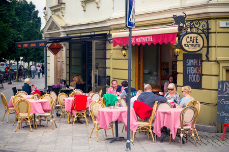 LITHUANIA, VILNIUS - JULY 26, 2017: Streets of Old Town of Vilnius, one of the biggest Old Towns of european citiesのeditorial素材