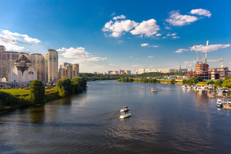 RUSSIA, MOSCOW - AUGUST 16, 2017: One of the modern marines on Moscow River is under construction.のeditorial素材