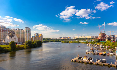 RUSSIA, MOSCOW - AUGUST 16, 2017: One of the modern marines on Moscow River is under construction.のeditorial素材