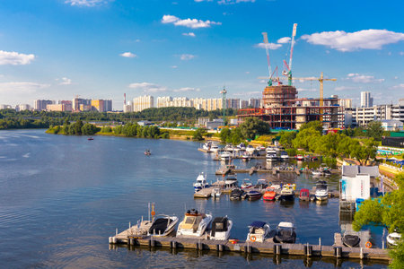 RUSSIA, MOSCOW - AUGUST 16, 2017: One of the modern marines on Moscow River is under construction.のeditorial素材