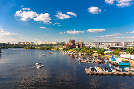 RUSSIA, MOSCOW - AUGUST 16, 2017: One of the modern marines on Moscow River is under construction.のeditorial素材