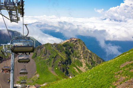 RUSSIA, SOCHI, GORKY GOROD - JULY 04, 2019: Slopes of Gorky Gorod ski resort are still very popular among the tourisrs at summer timeのeditorial素材