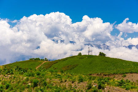 RUSSIA, SOCHI, GORKY GOROD - JULY 04, 2019: Slopes of Gorky Gorod ski resort are still very popular among the tourisrs at summer timeのeditorial素材