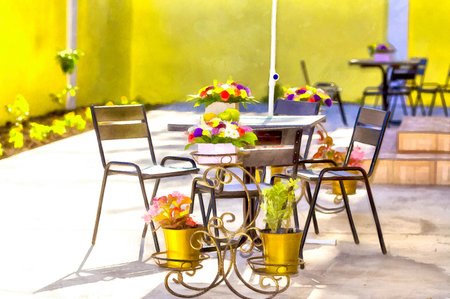 Beautiful scene with flowers and fruits on the tableの写真素材