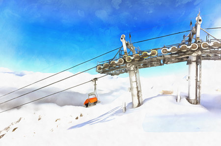 Beautiful winter mountain landscape at ski resort with elevatoの写真素材