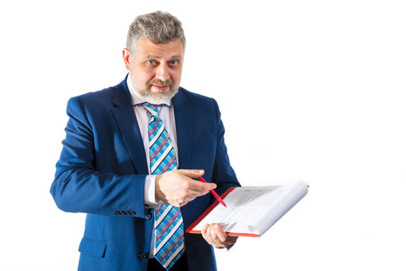Business trainer emotional studio portrait on white background.の写真素材