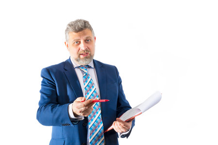 Business trainer emotional studio portrait on white background.の写真素材