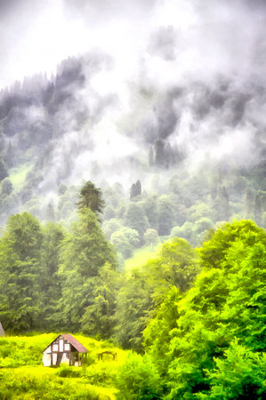Beautiful landscape with hut in the foggy mountains colorful painting looks like pictureの写真素材