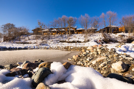 Beautiful sunny winter landscape at Caucasus mountainsの写真素材