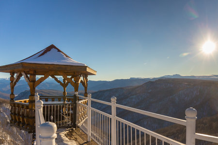 Wooden pavilion with scenery mountains view, Caucasusの写真素材