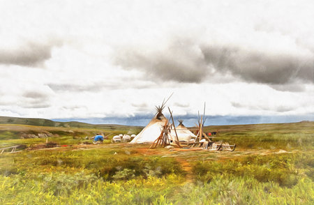 Reindeer nomads traditional camp at Polar Uralの写真素材