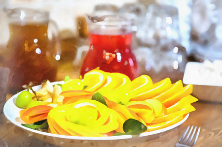 Plates with healthy food colorful painting looks like picture.の写真素材