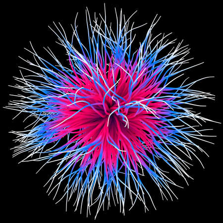 3D illustration of three-dimensional object like a virus on black backgroundの写真素材