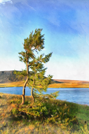 Beautiful tundra landscape with river and lonely tree at Polar Uralsの写真素材