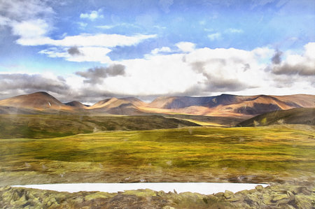 Beautiful mountain landscape at Polar Urals colorful paintingの写真素材