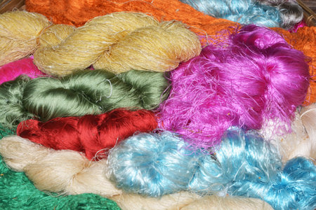 Bundles of hand made colorful thread, Thai silk