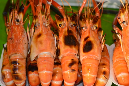 grilled shrimps on banana leafの写真素材