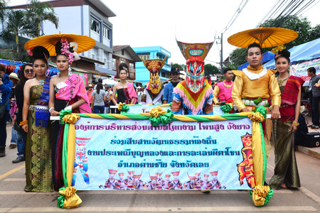 LOEI, THAILAND - JUNE 25, 2017 : Phi Ta Khon is a type of masked procession celebrated on the first day of a three-day Buddhist merit-making holiday known in Thai as Boon Pra Wateのeditorial素材