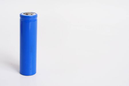 Blue 18650 Rechargeable Li-ion Battery on white backgroundの写真素材