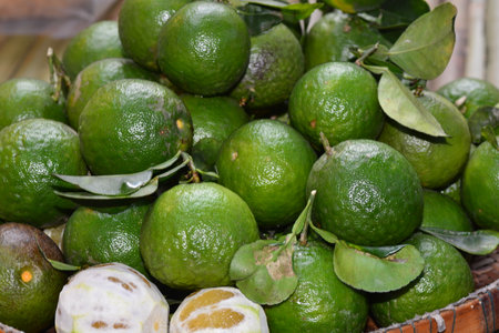Stack of limes on display at market, note select focus with shallow depth of fieldの写真素材