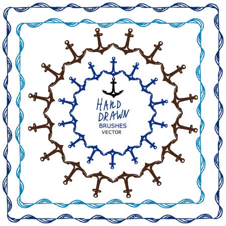 Vector hand drawn brushes with anchor and wave.のイラスト素材