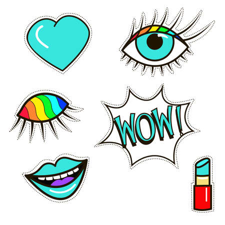 Set of fashion patches badges with lips, eyes, speech, rainbow. Comic style.のイラスト素材