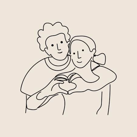 Vector illustration of a couple in love holding hands. Line art.のイラスト素材