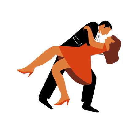 Passionate couple dancing tango flat vector illustration isolated on white background.のイラスト素材