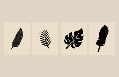 Vector set of black tropical leaves silhouettes on beige background.のイラスト素材