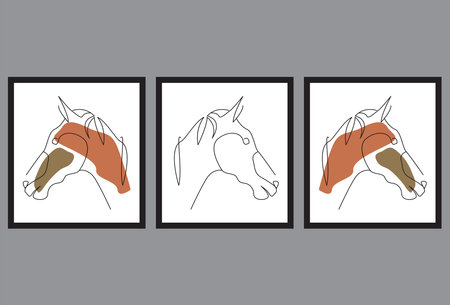 Set of four hand drawn vector illustrations of horse head. Line art design.のイラスト素材