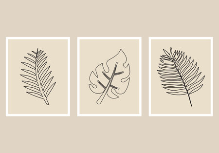 Set of hand drawn tropical leaves. Vector illustration. Minimalistic design.のイラスト素材