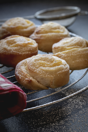 Small Vanilla snails with puff pastry on a cake rack, dark backgroundの写真素材