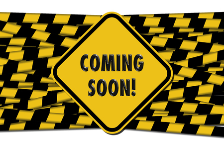 Yellow Coming soon sign over barrier tapesの写真素材