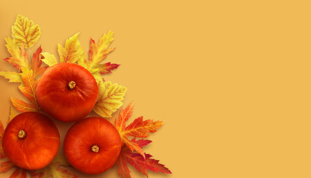 Autumn flat lay composition with three pumpkins and fallen leaves. Colorful autumn background with...