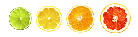 Closeup photo of fresh citrus fruits isolated on white background. Slices of lime, lemon, orange, grapefruit.の写真素材