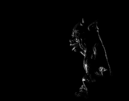 Gargoyle sitting. black and white photo.