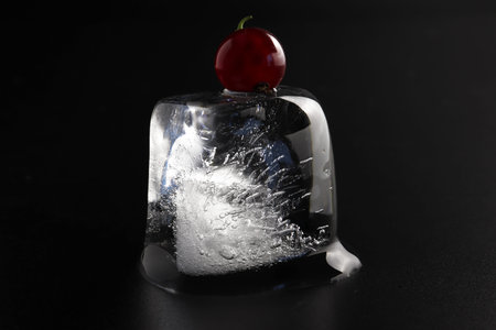 Frozen currant berry lying on the ice cube. The side view
