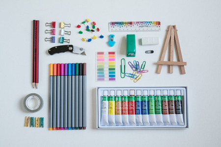 Stationery and school supplies on white backgroundの写真素材