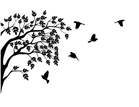 Tree silhouette with bird flying のイラスト素材