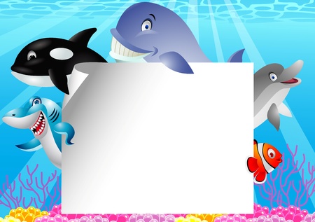 Sea life cartoon with blank sign のイラスト素材