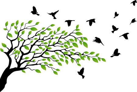 Tree silhouette with bird flying のイラスト素材