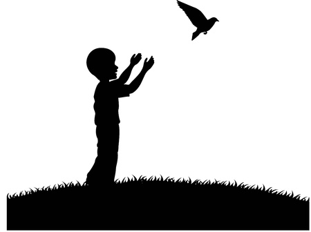 illustration of Little boy releasing a white pigeon のイラスト素材