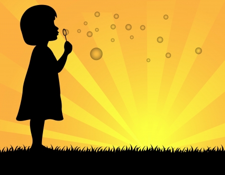 illustration of little girl blowing soap bubblesのイラスト素材