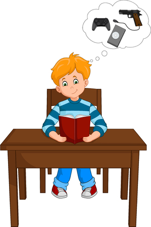 Boy Reading a Book and Thinking of Games on the Tableのイラスト素材